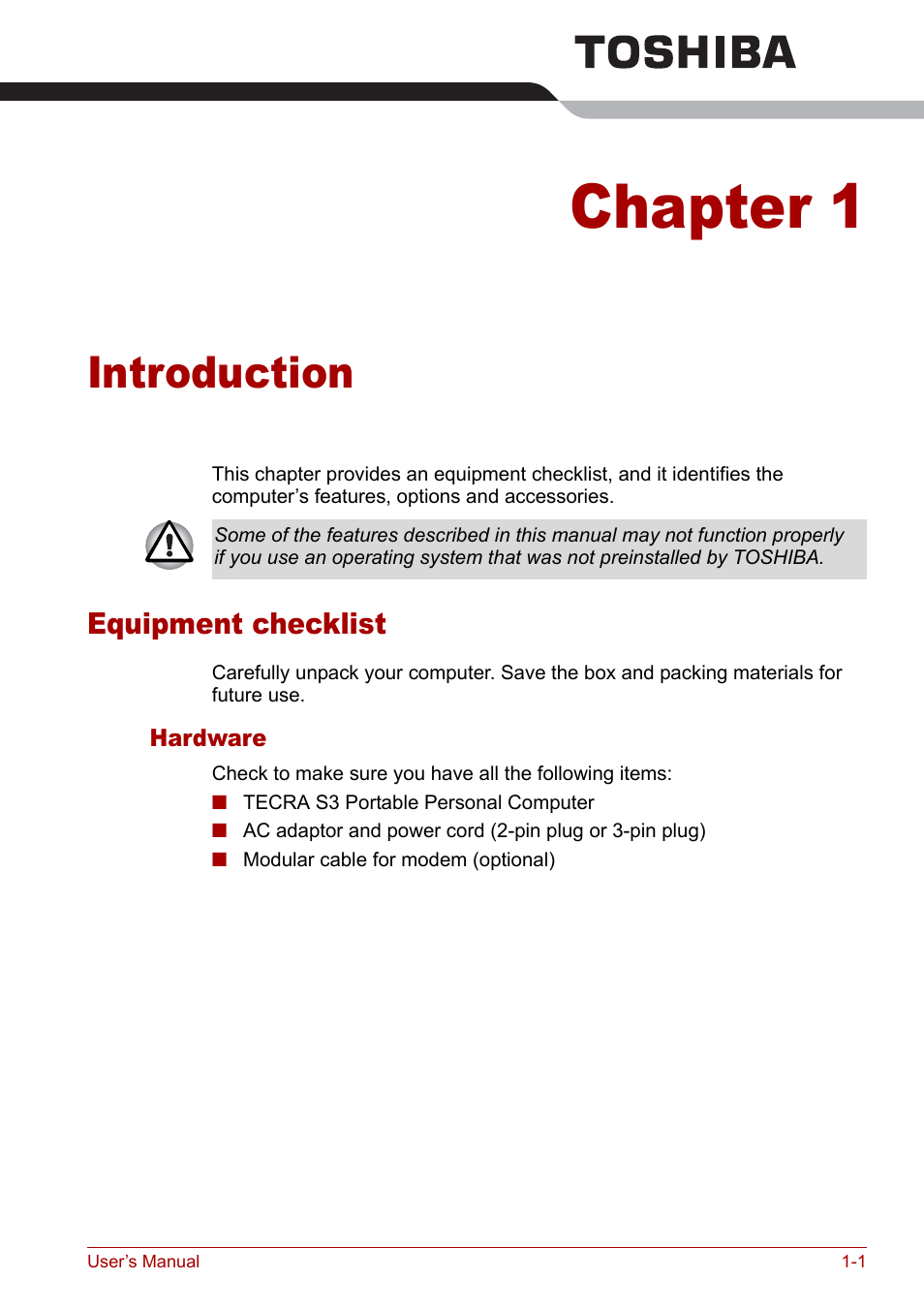 Chapter 1 - introduction, Equipment checklist, Chapter 1 | Introduction, Equipment checklist -1, Is an overvie | Toshiba Tecra S3 User Manual | Page 15 / 250