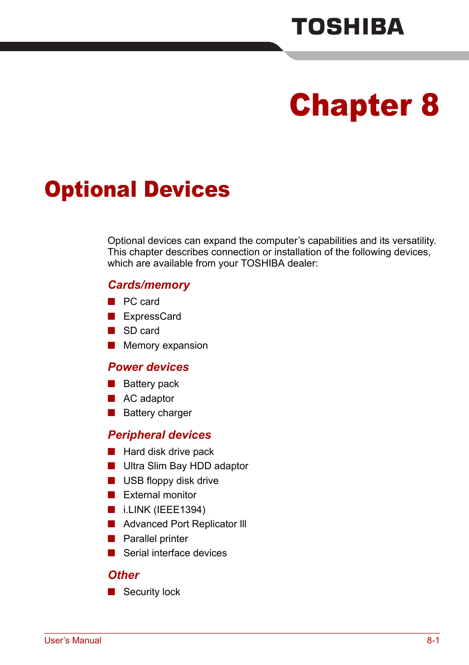 Chapter 8 - optional devices, Chapter 8, Optional devices | Hapter 8, Ter 8, Apter 8 | Toshiba Tecra S3 User Manual | Page 153 / 250