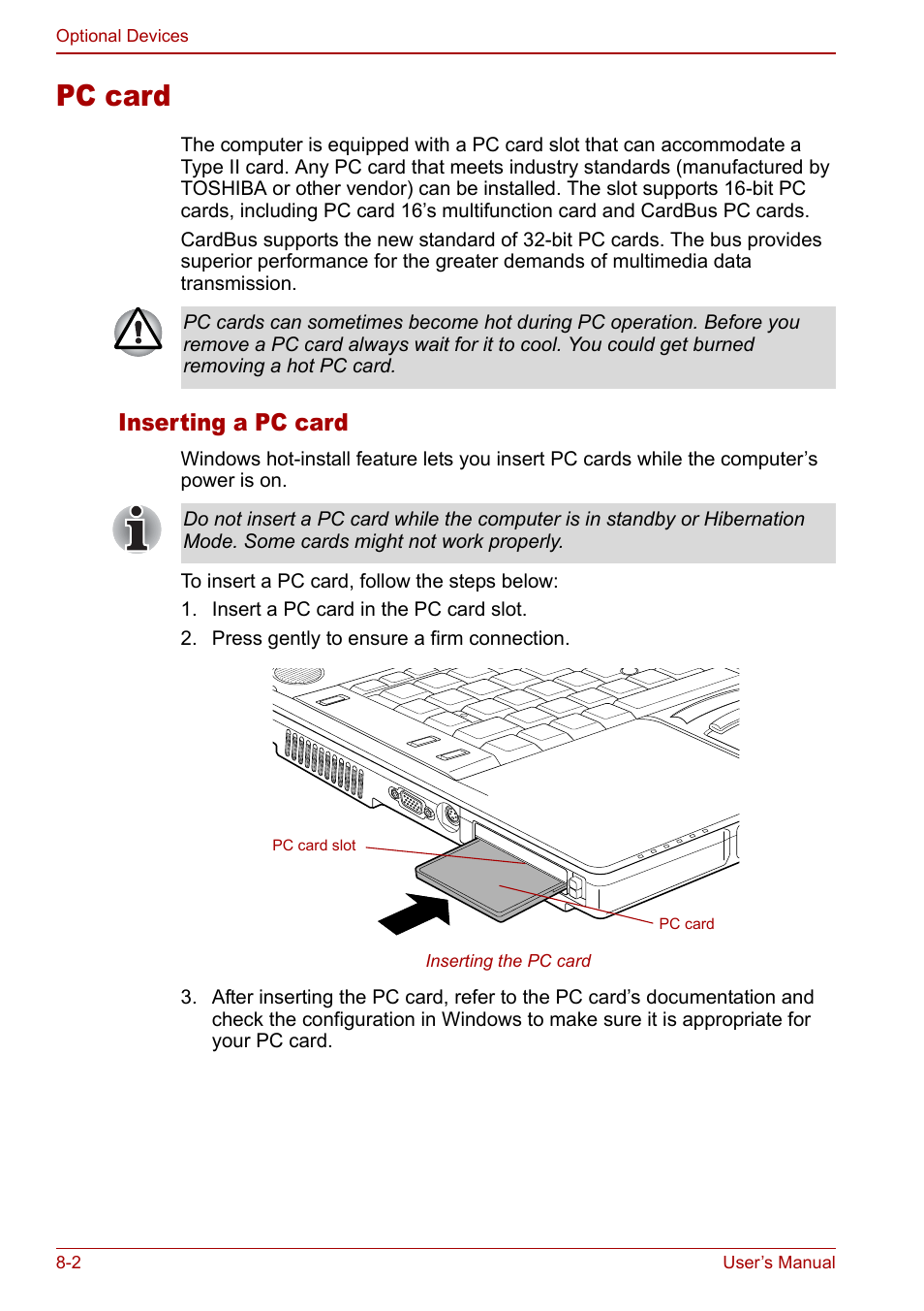 Pc card, Pc card -2, Inserting a pc card | Toshiba Tecra S3 User Manual | Page 154 / 250