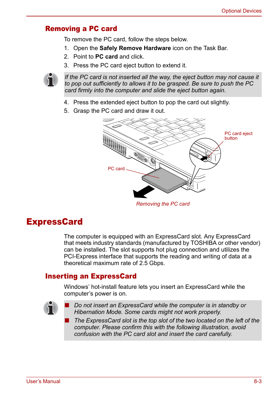 Expresscard, Expresscard -3, Removing a pc card | Inserting an expresscard | Toshiba Tecra S3 User Manual | Page 155 / 250