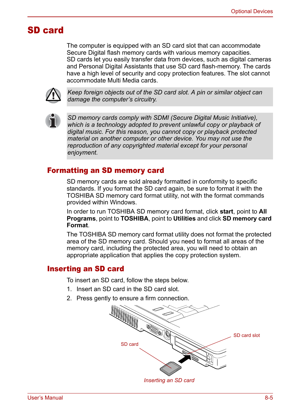 Sd card, Sd card -5, Inserting an sd card | Toshiba Tecra S3 User Manual | Page 157 / 250