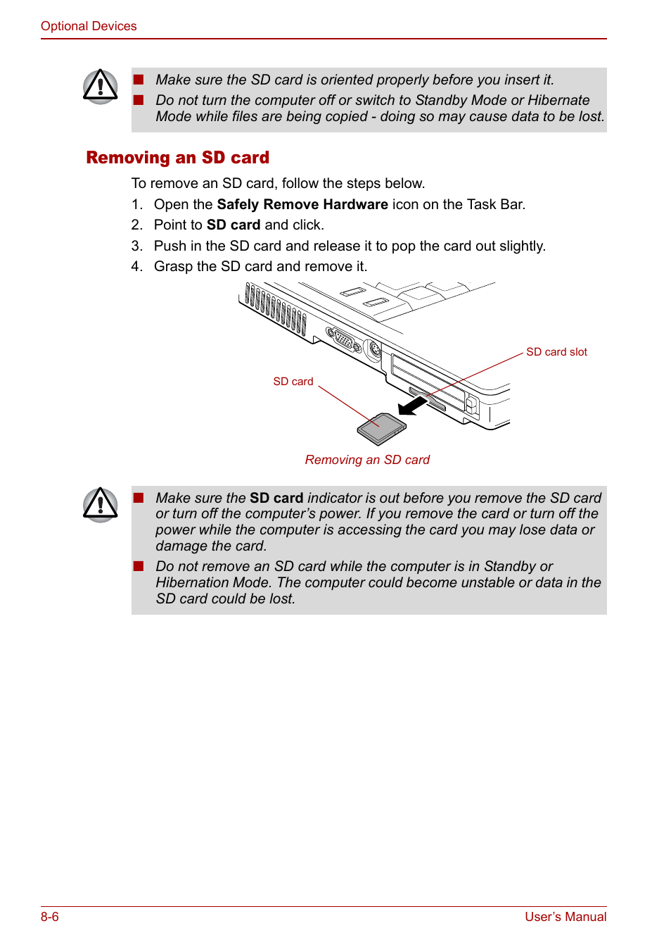 Removing an sd card | Toshiba Tecra S3 User Manual | Page 158 / 250