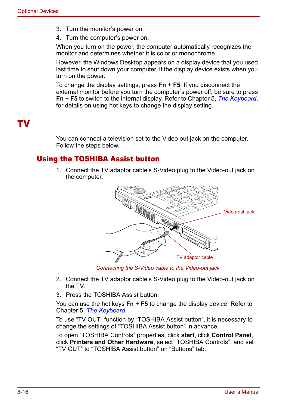 Tv -16, Using the toshiba assist button | Toshiba Tecra S3 User Manual | Page 168 / 250
