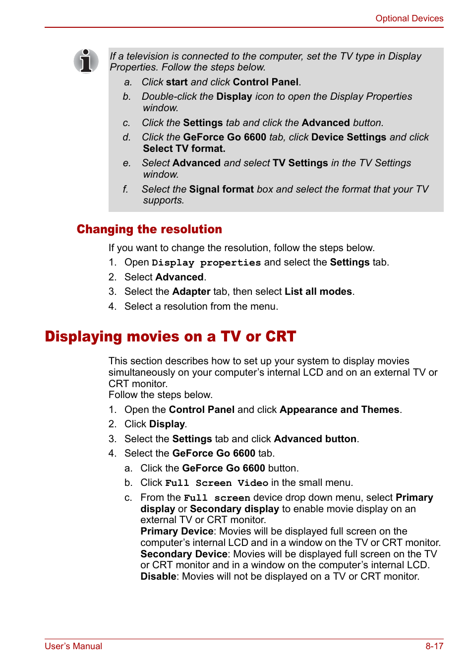 Displaying movies on a tv or crt, Displaying movies on a tv or crt -17, Changing the resolution | Toshiba Tecra S3 User Manual | Page 169 / 250