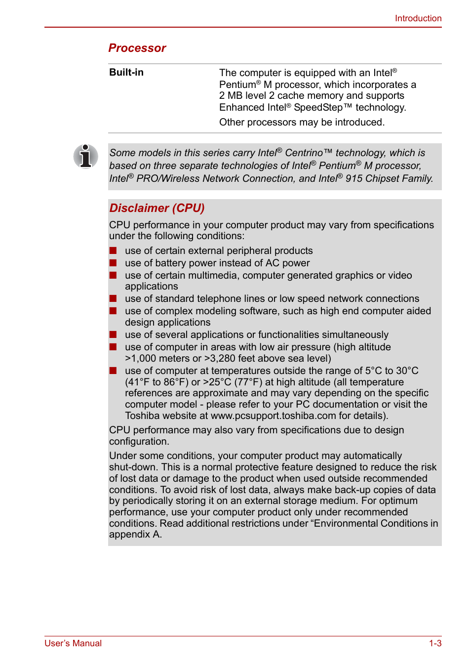 Processor, Disclaimer (cpu) | Toshiba Tecra S3 User Manual | Page 17 / 250