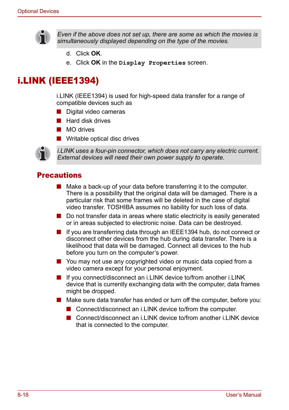 I.link (ieee1394), I.link (ieee1394) -18, Precautions | Toshiba Tecra S3 User Manual | Page 170 / 250
