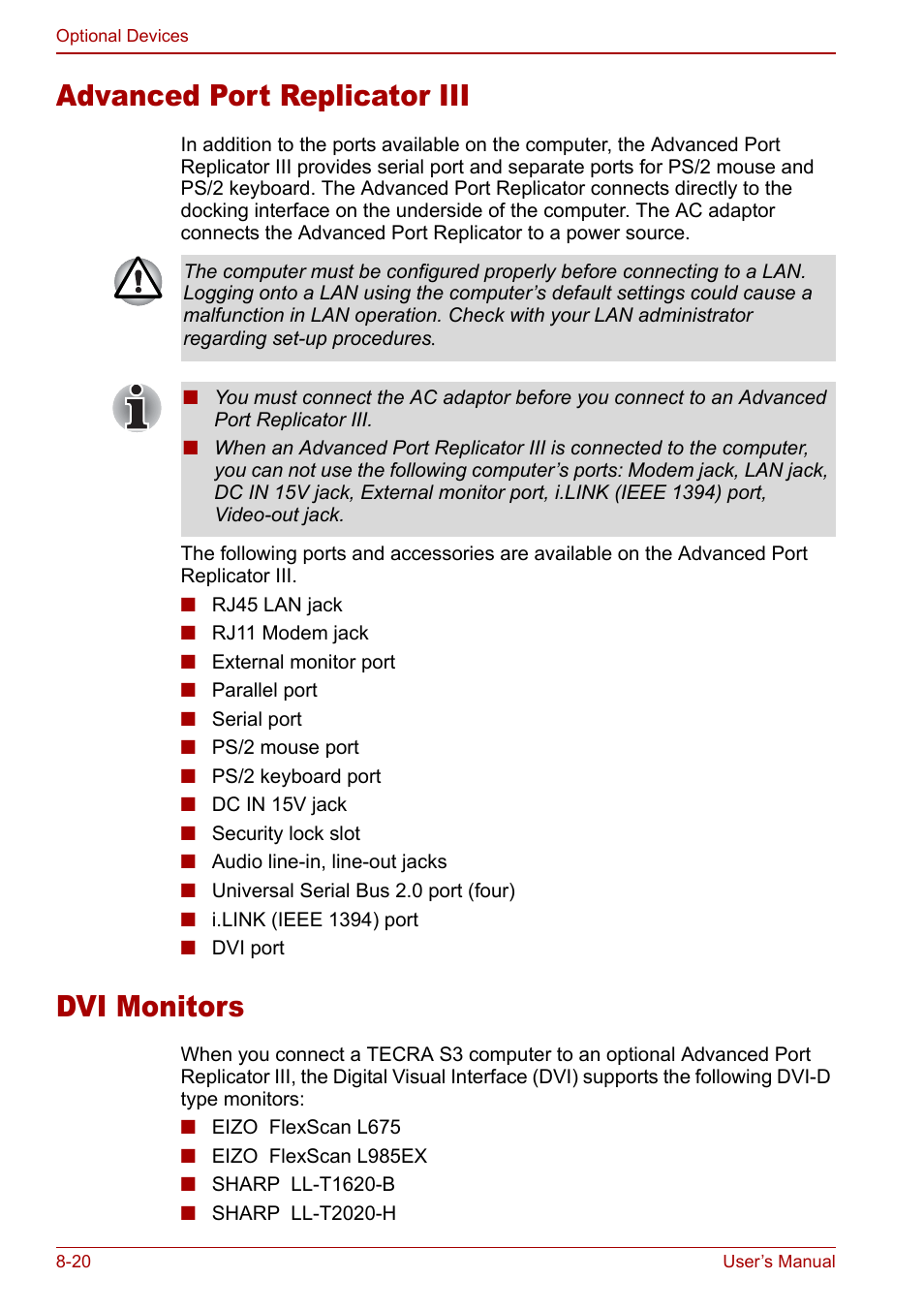 Advanced port replicator iii, Dvi monitors, Advanced port replicator iii -20 dvi monitors -20 | Toshiba Tecra S3 User Manual | Page 172 / 250