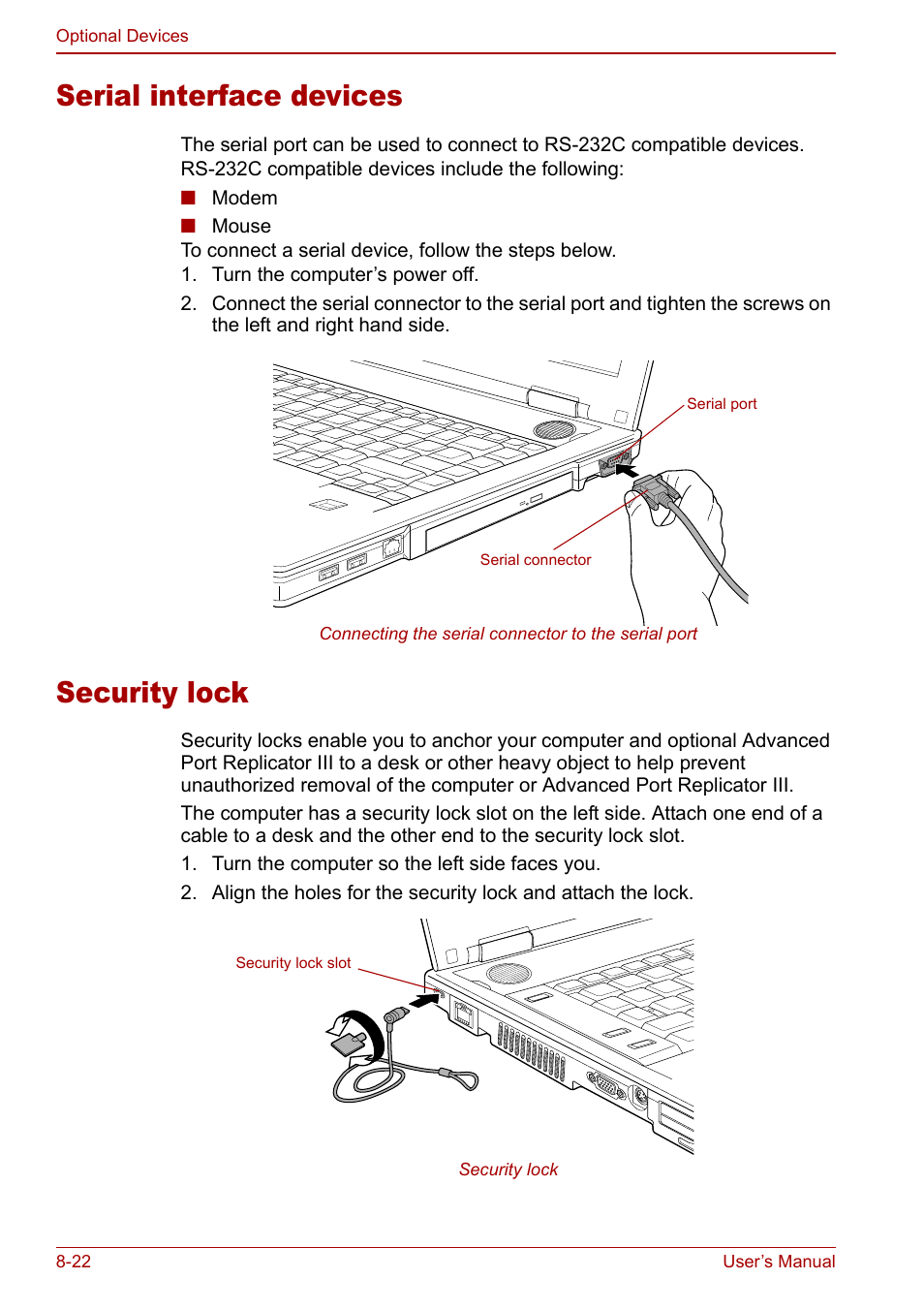 Serial interface devices, Security lock, Serial interface devices -22 security lock -22 | Toshiba Tecra S3 User Manual | Page 174 / 250