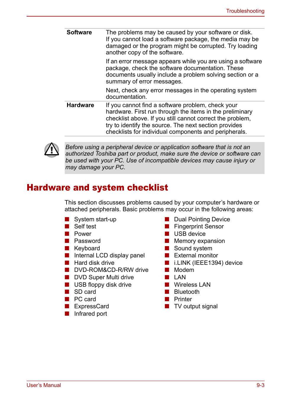 Hardware and system checklist, Hardware and system checklist -3 | Toshiba Tecra S3 User Manual | Page 177 / 250