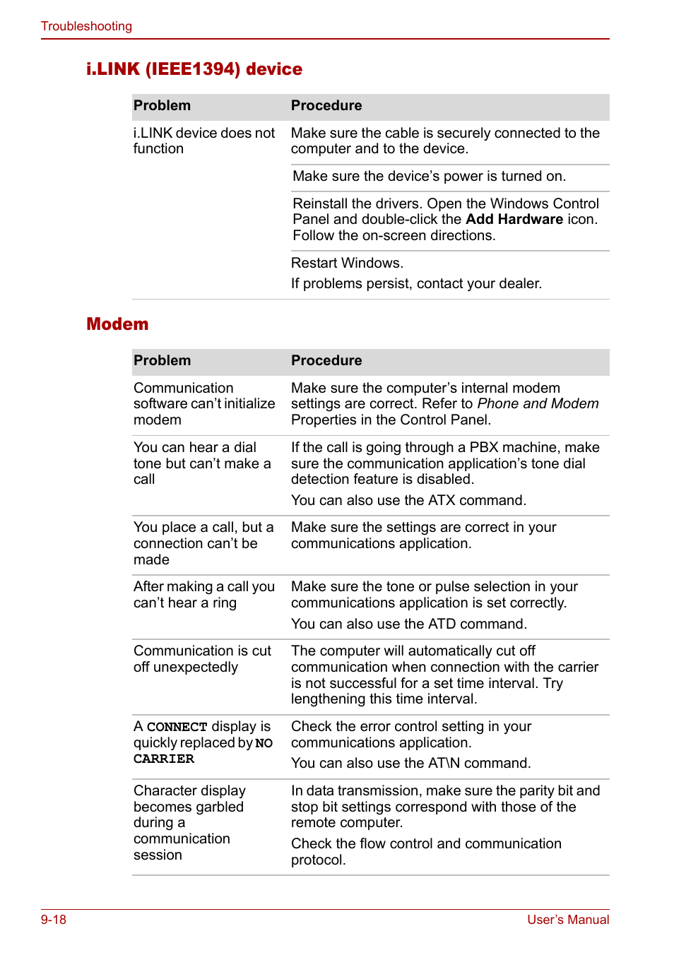I.link (ieee1394) device modem | Toshiba Tecra S3 User Manual | Page 192 / 250