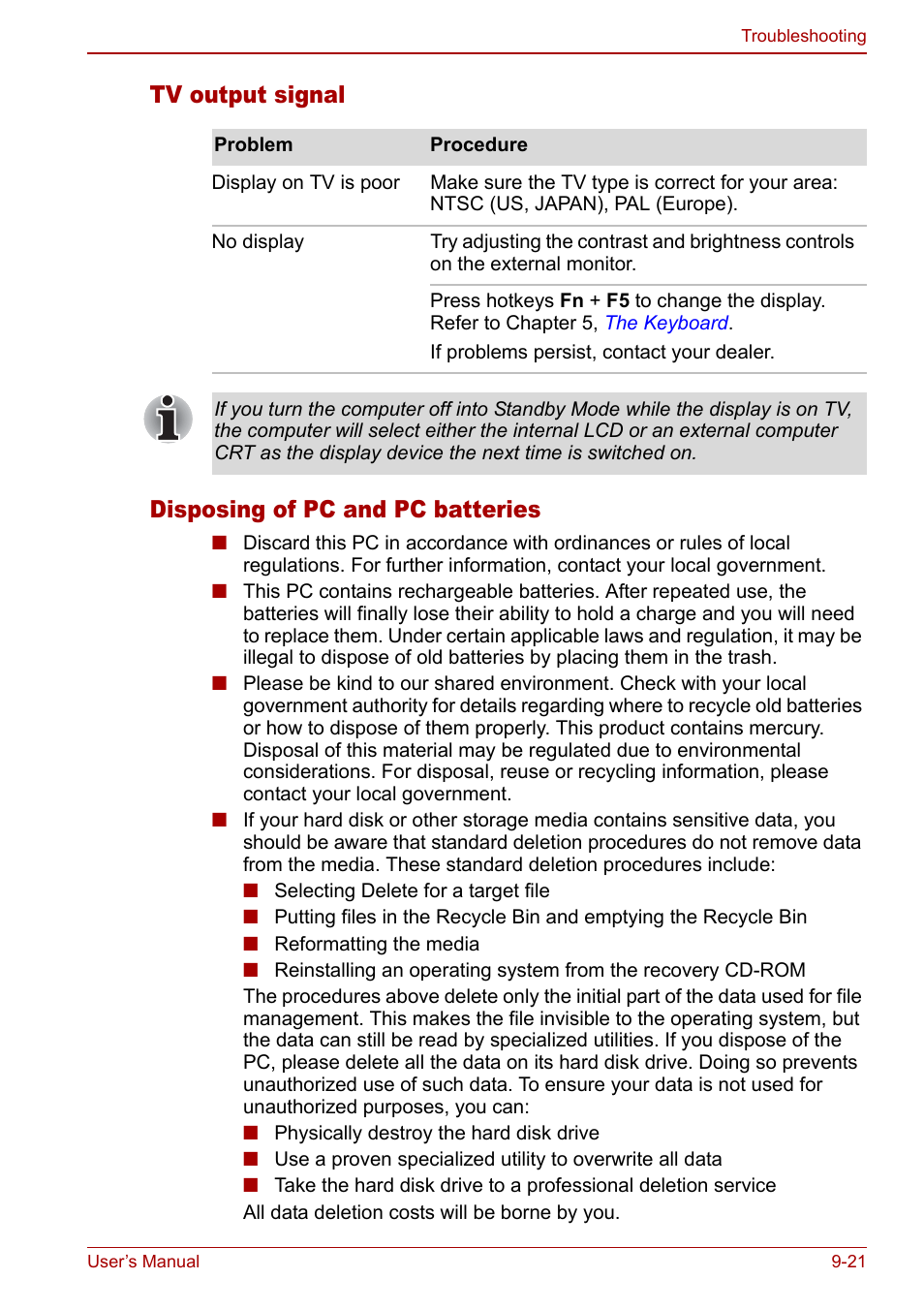 Tv output signal disposing of pc and pc batteries | Toshiba Tecra S3 User Manual | Page 195 / 250