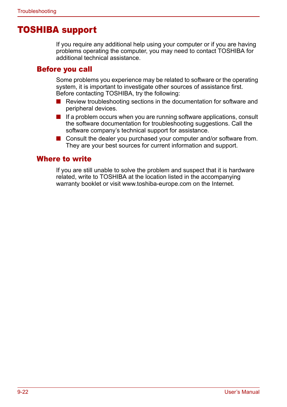 Toshiba support, Toshiba support -22, Before you call | Where to write | Toshiba Tecra S3 User Manual | Page 196 / 250