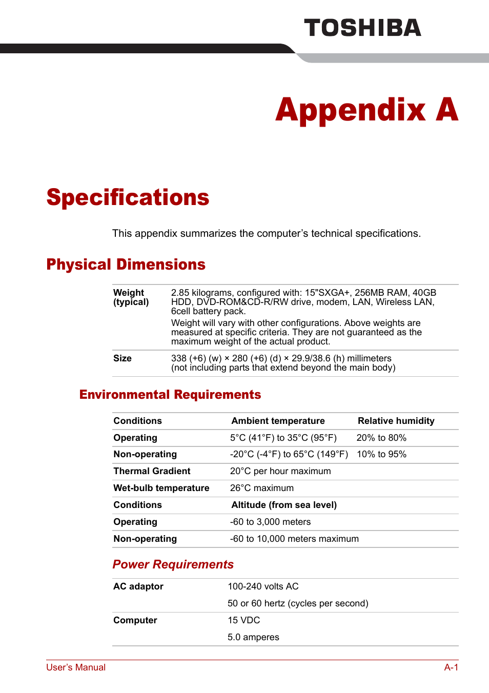 Appendix a - specifications, Physical dimensions, Appendix a | Specifications, Appendixes, Environmental requirements | Toshiba Tecra S3 User Manual | Page 197 / 250