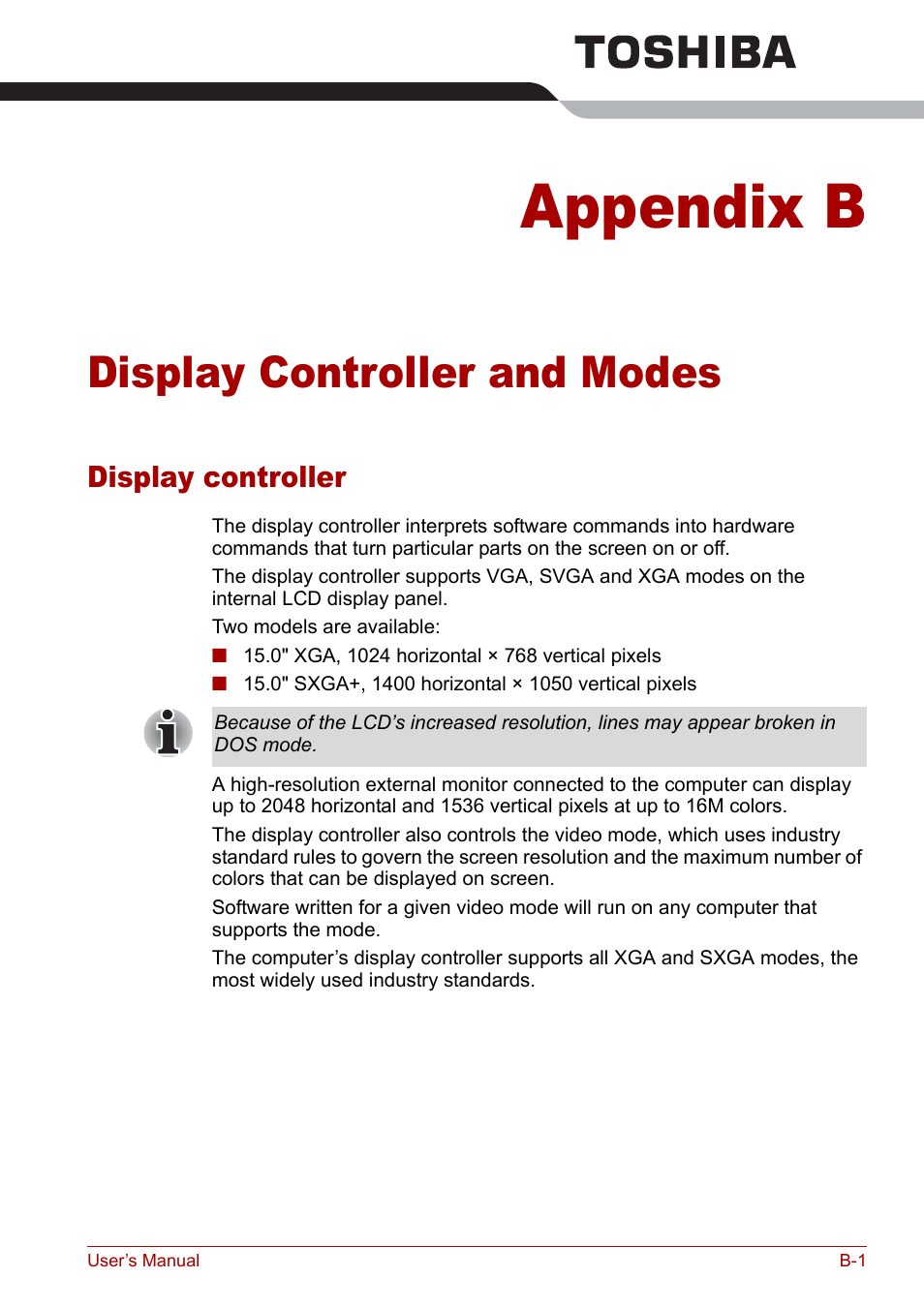 Appendix b - display controller and modes, Display controller, Appendix b | Display controller and modes, Display controller and, Modes, Dix b, Display, Controller and modes | Toshiba Tecra S3 User Manual | Page 199 / 250