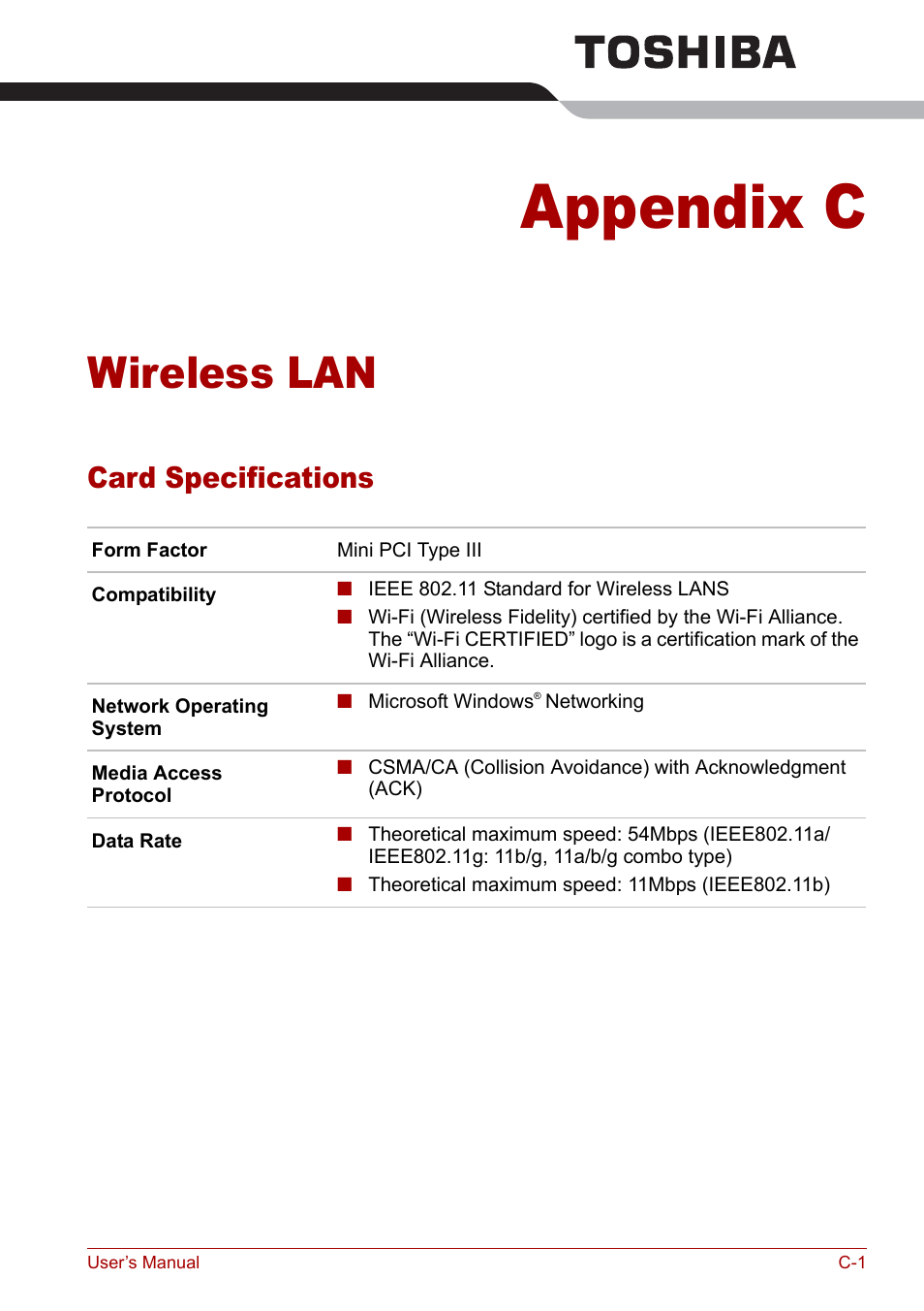 Appendix c - wireless lan, Card specifications, Appendix c | Wireless lan | Toshiba Tecra S3 User Manual | Page 209 / 250
