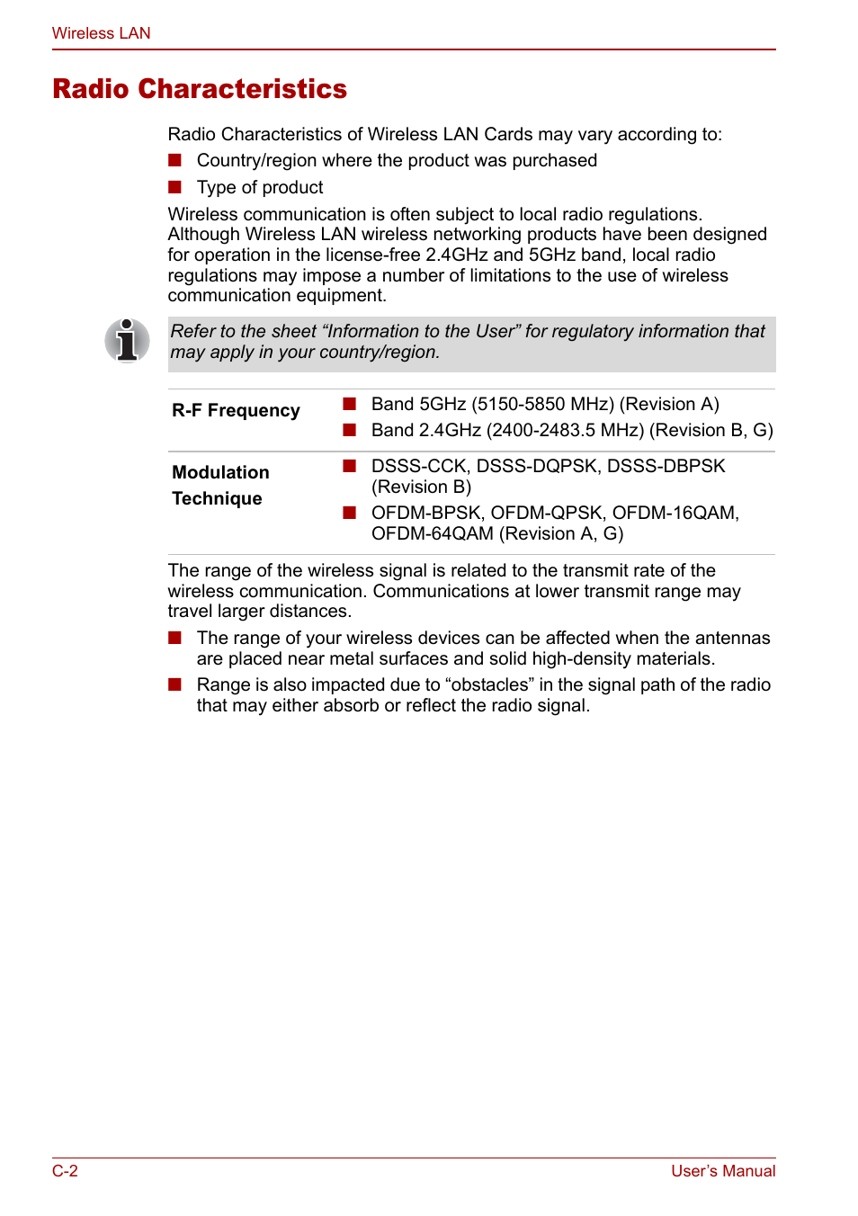 Radio characteristics | Toshiba Tecra S3 User Manual | Page 210 / 250