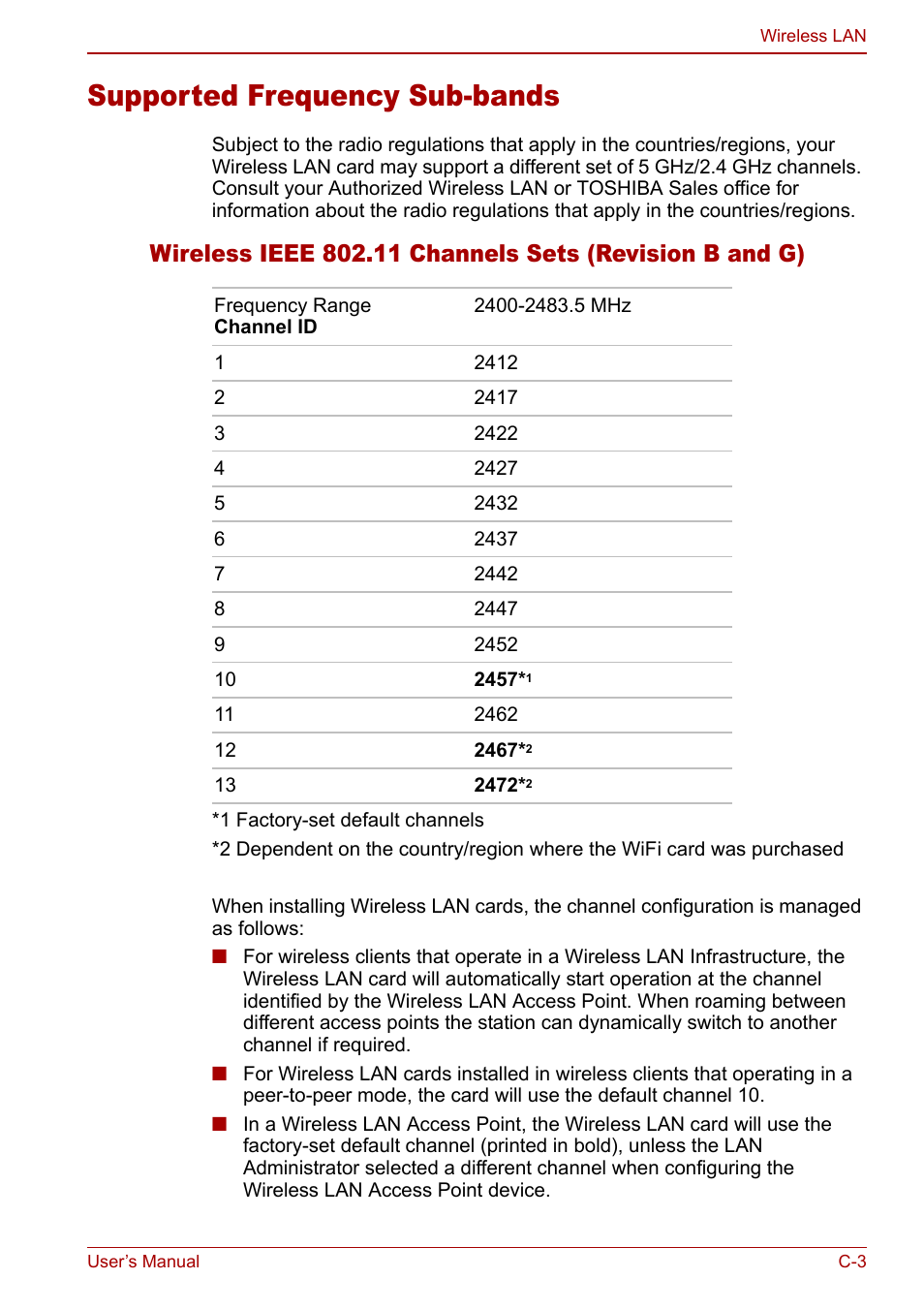 Supported frequency sub-bands | Toshiba Tecra S3 User Manual | Page 211 / 250