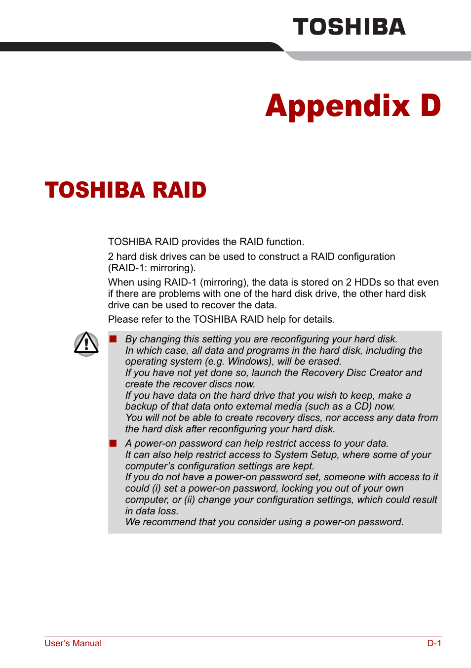 Appendix d - toshiba raid, Appendix d, Toshiba raid | Toshiba Tecra S3 User Manual | Page 213 / 250