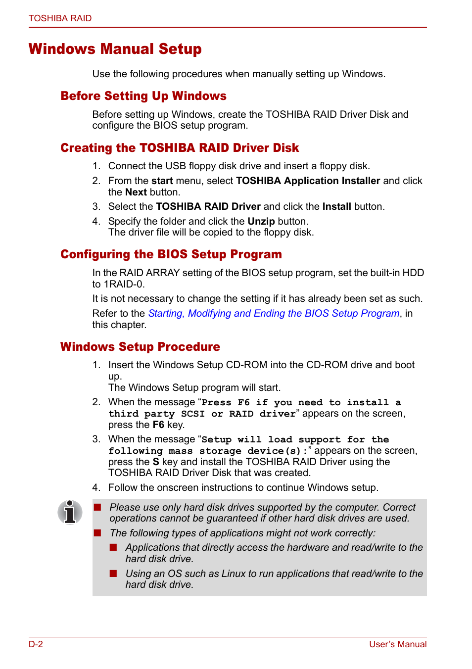 Windows manual setup, Before setting up windows, Creating the toshiba raid driver disk | Configuring the bios setup program, Windows setup procedure | Toshiba Tecra S3 User Manual | Page 214 / 250