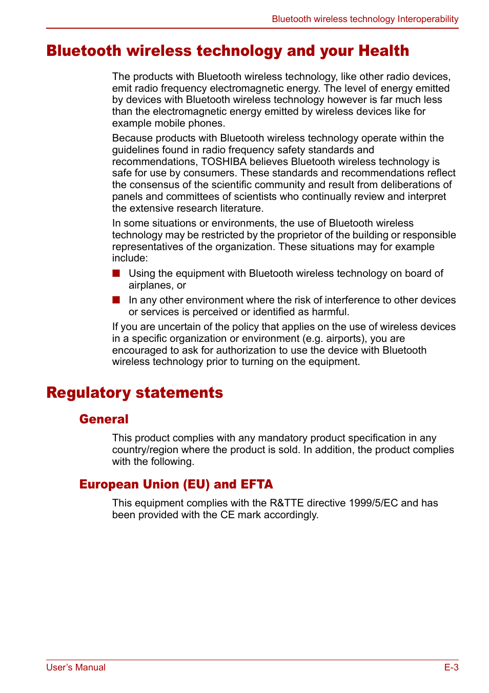 Bluetooth wireless technology and your health, Regulatory statements | Toshiba Tecra S3 User Manual | Page 221 / 250