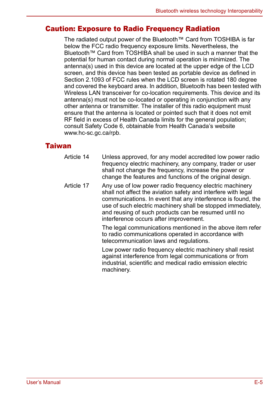 Caution: exposure to radio frequency radiation, Taiwan | Toshiba Tecra S3 User Manual | Page 223 / 250