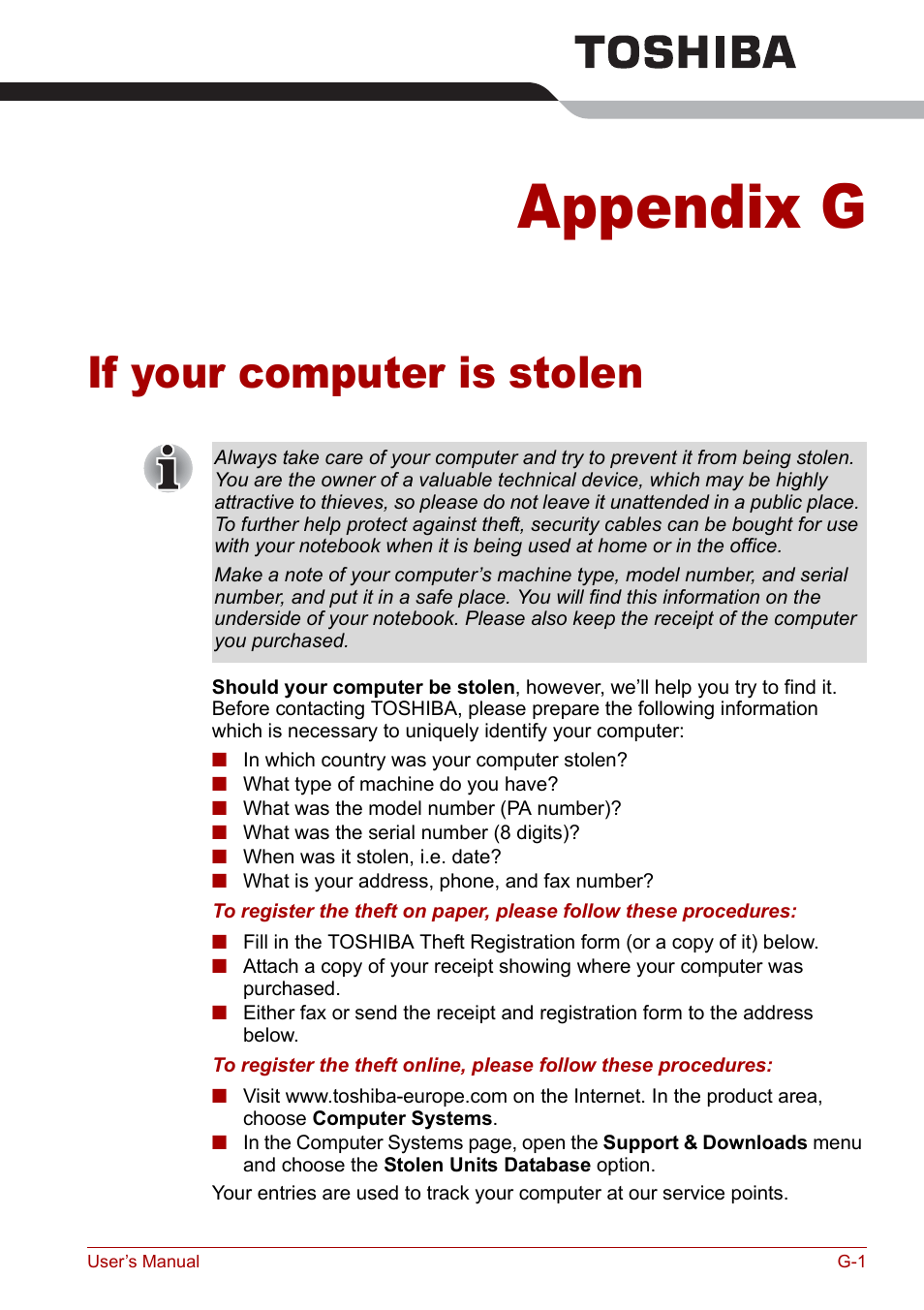 Appendix g - if your computer is stolen, Appendix g, If your computer is stolen | Toshiba Tecra S3 User Manual | Page 229 / 250
