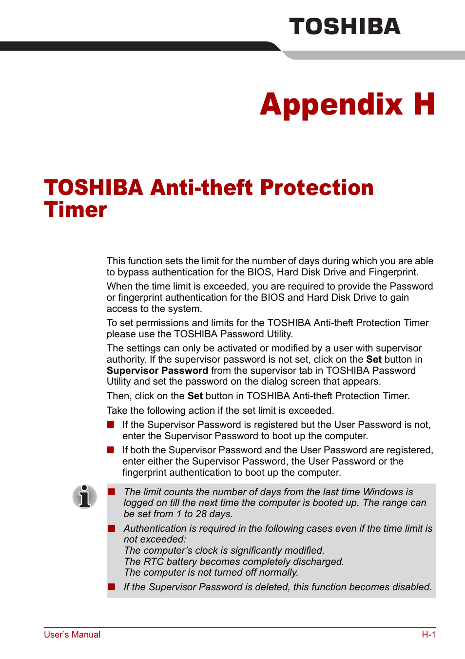 Appendix h - toshiba anti-theft protection timer, Appendix h, Toshiba anti-theft protection timer | Toshiba Tecra S3 User Manual | Page 231 / 250