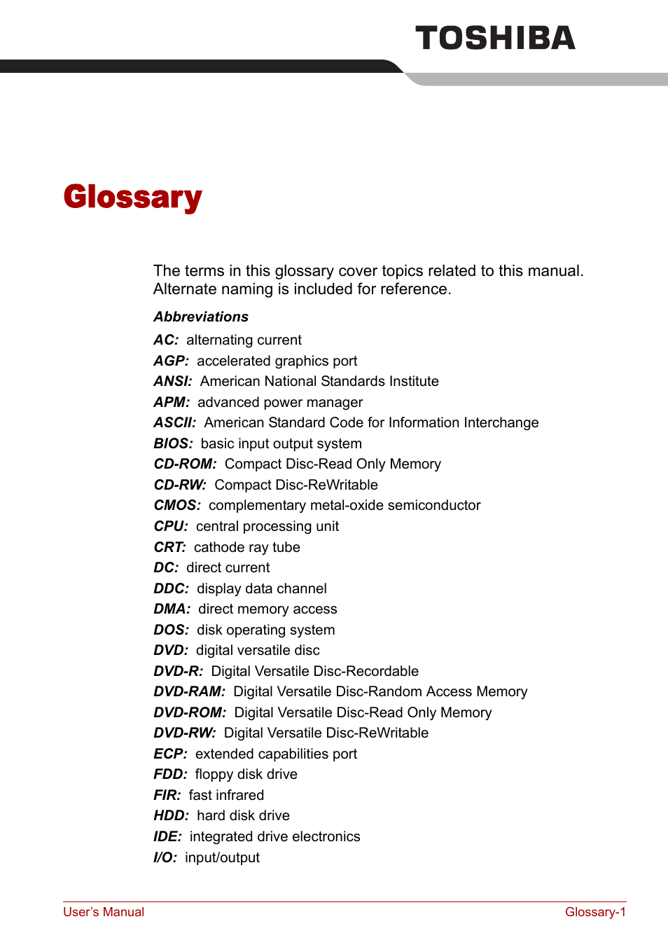 Glossary | Toshiba Tecra S3 User Manual | Page 233 / 250