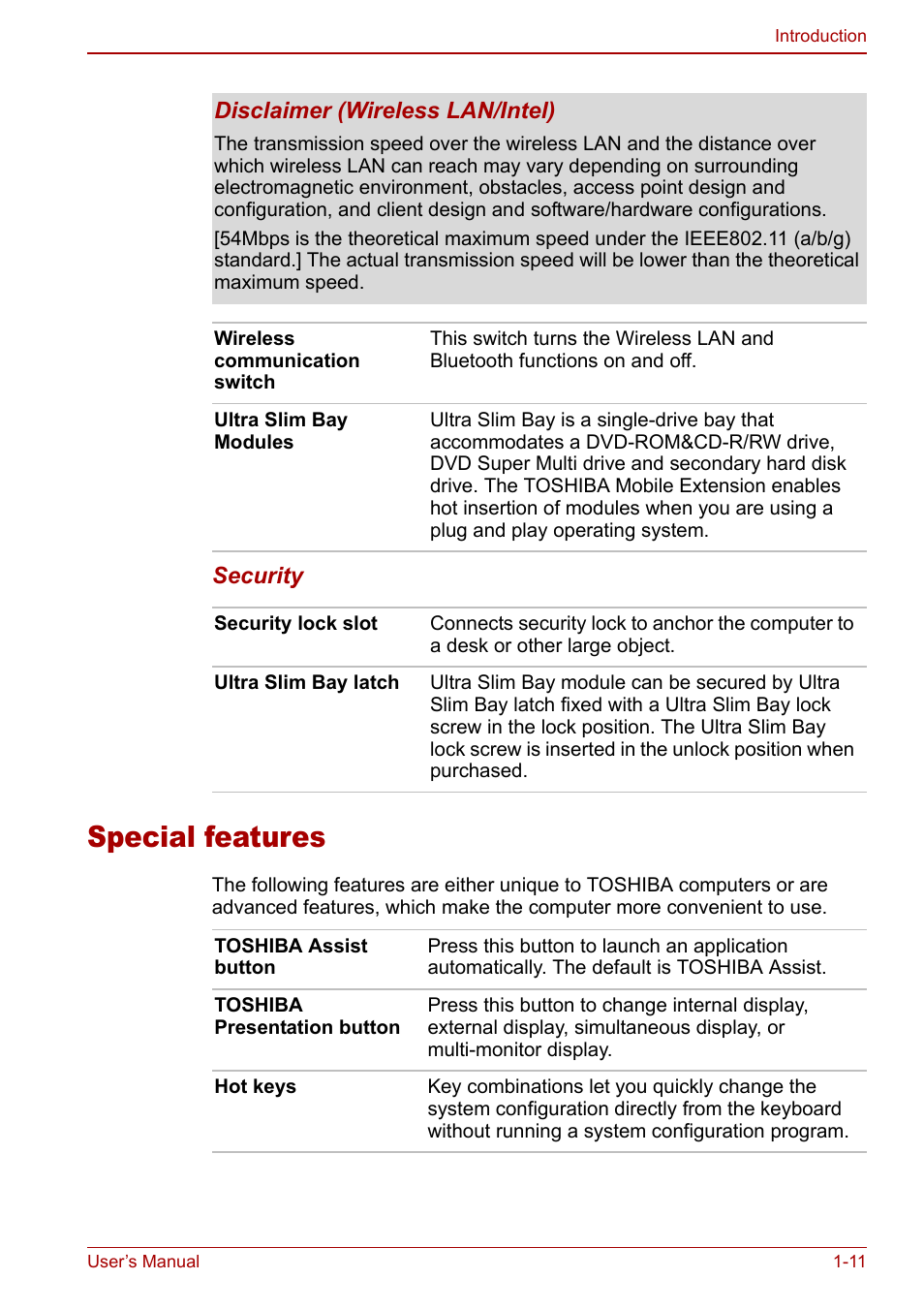 Special features, Special features -11 | Toshiba Tecra S3 User Manual | Page 25 / 250