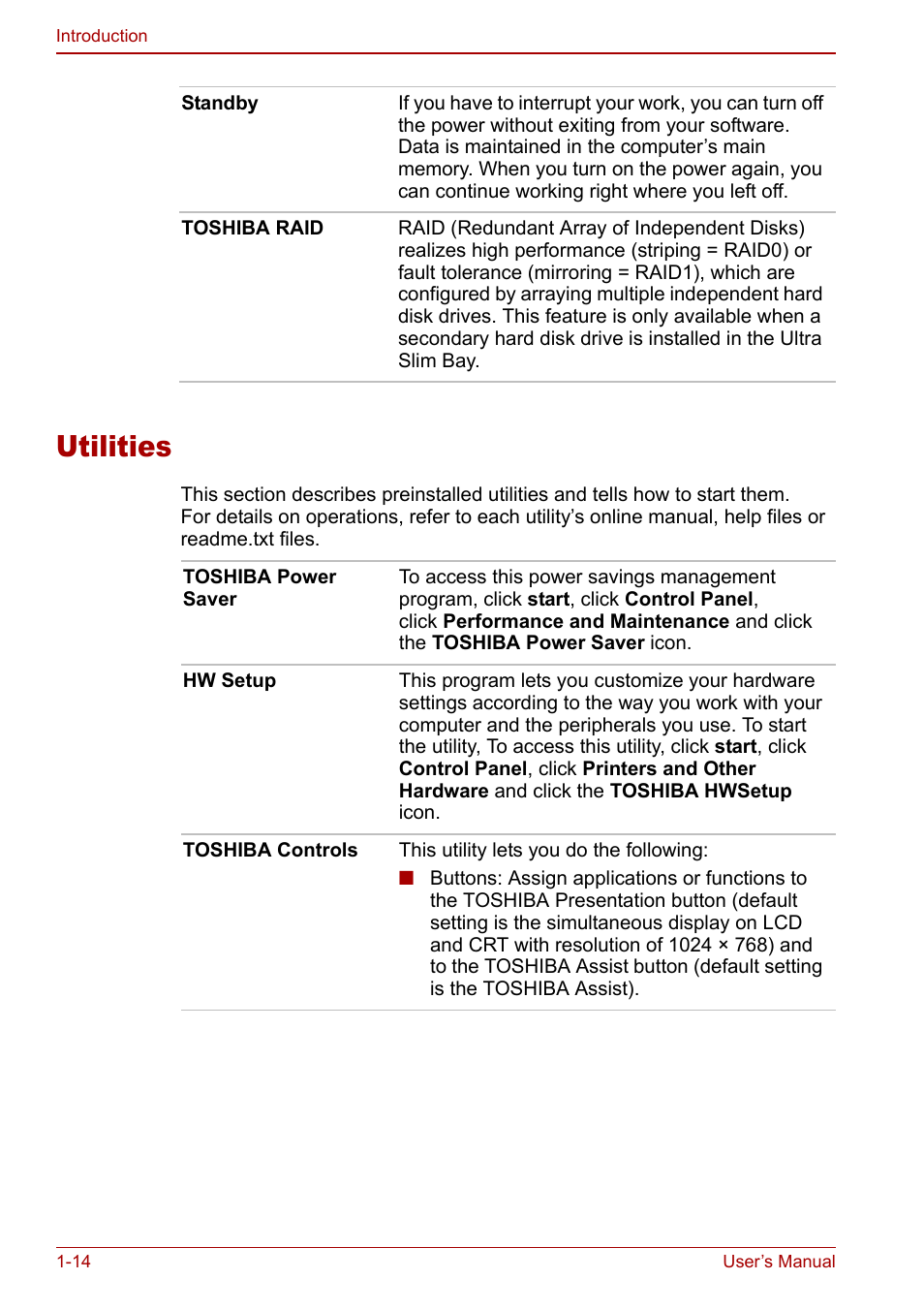 Utilities, Utilities -14 | Toshiba Tecra S3 User Manual | Page 28 / 250