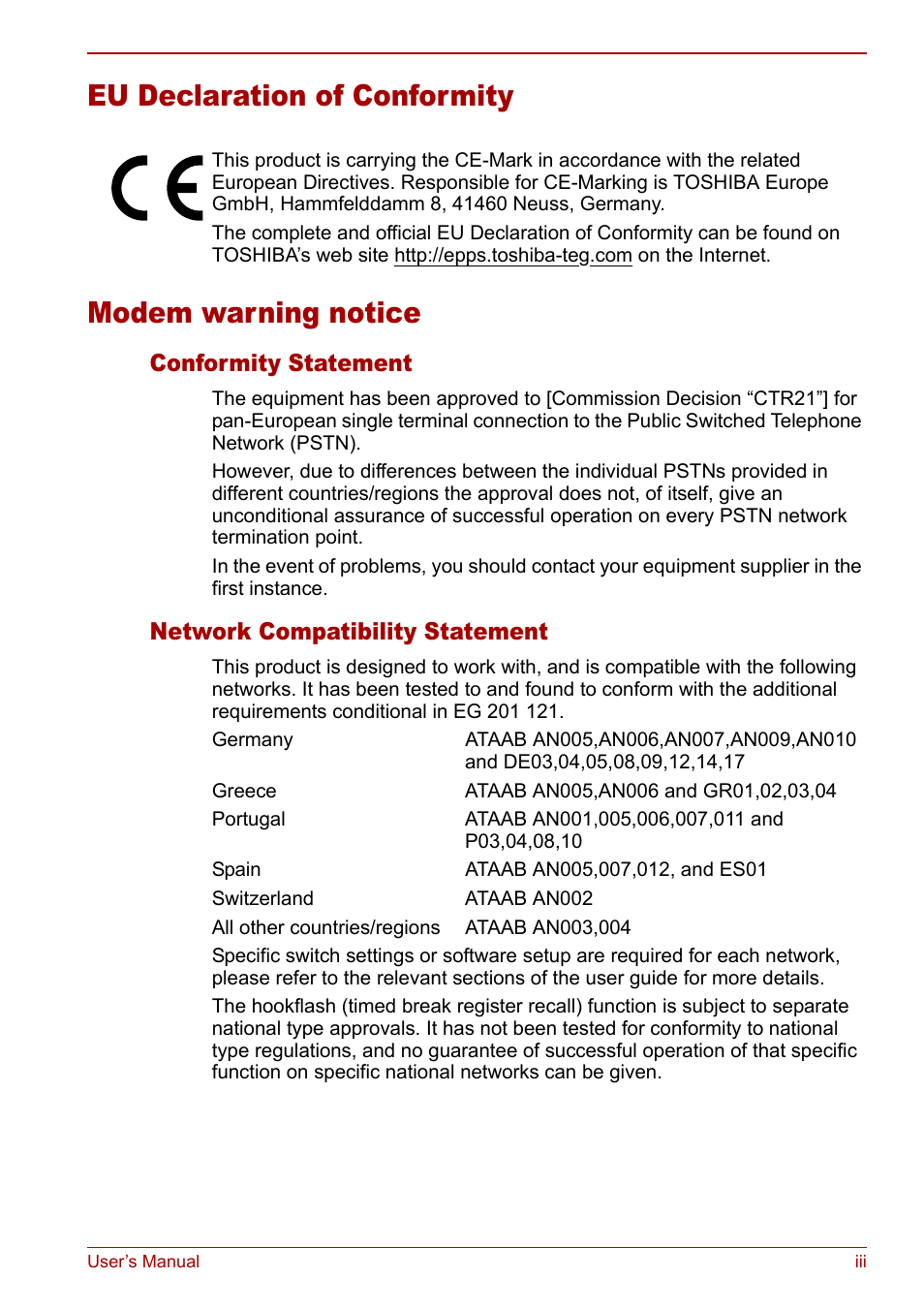 Eu declaration of conformity, Modem warning notice | Toshiba Tecra S3 User Manual | Page 3 / 250