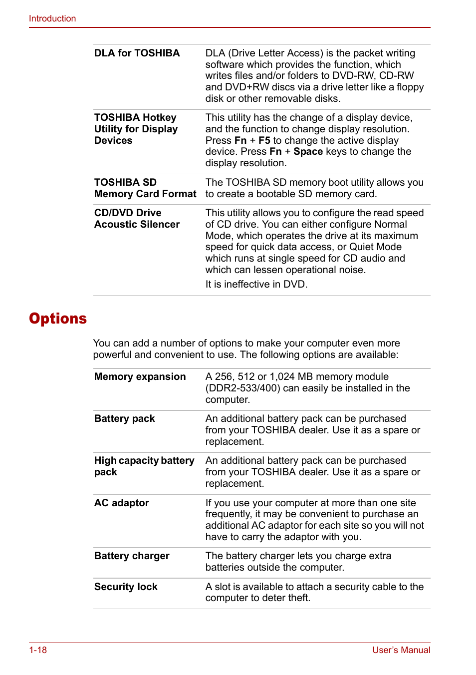 Options, Options -18 | Toshiba Tecra S3 User Manual | Page 32 / 250