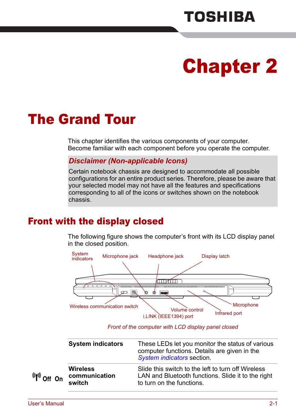 Chapter 2 - the grand tour, Front with the display closed, Chapter 2 | The grand tour, Front with the display closed -1 | Toshiba Tecra S3 User Manual | Page 35 / 250