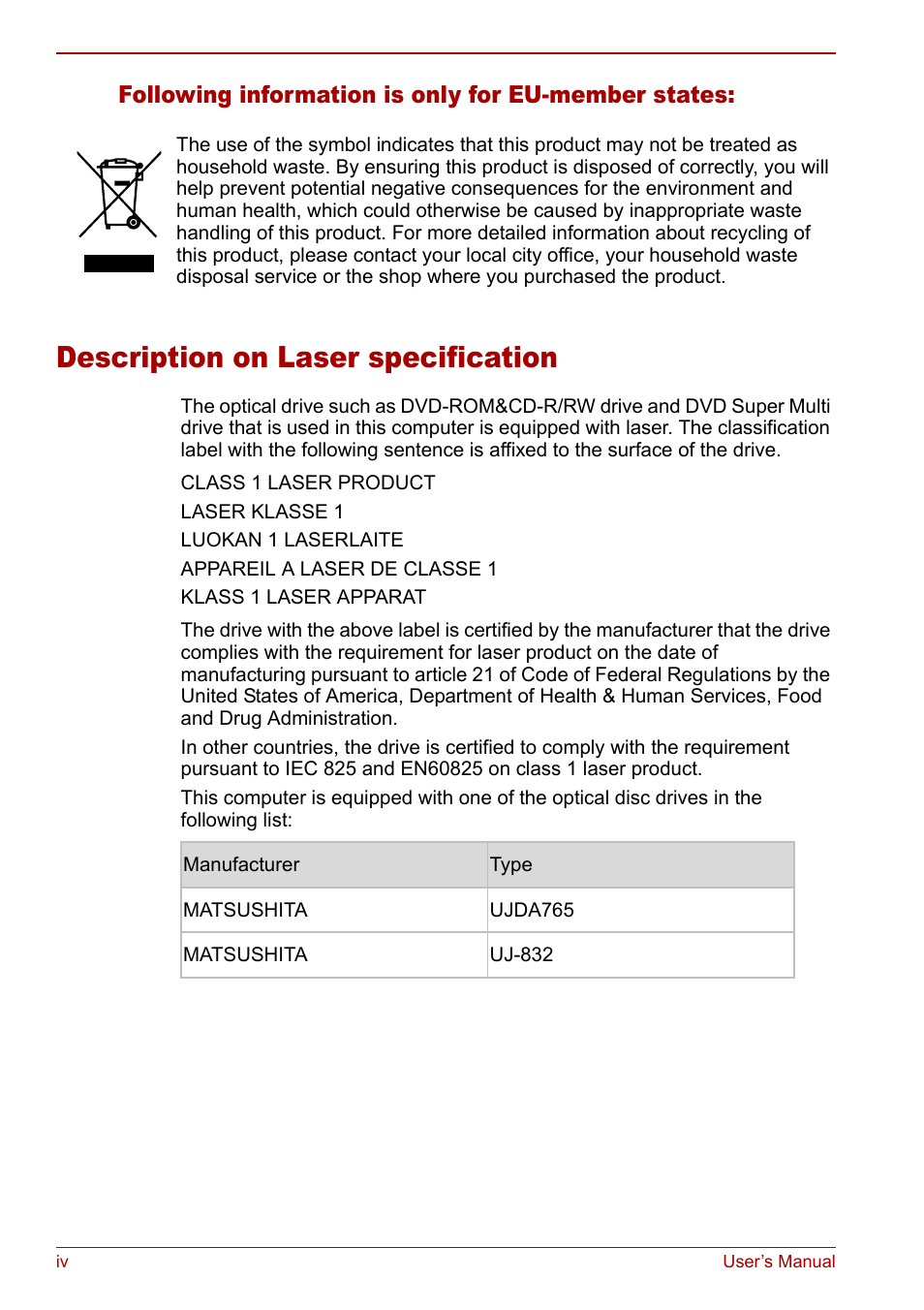 Description on laser specification, Following information is only for eu-member states | Toshiba Tecra S3 User Manual | Page 4 / 250