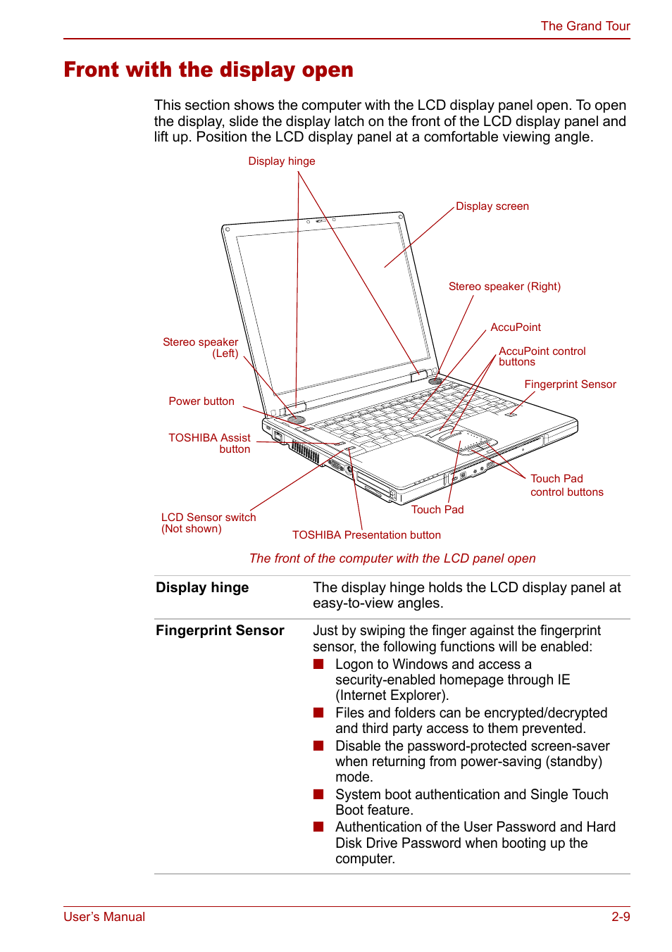 Front with the display open, Front with the display open -9 | Toshiba Tecra S3 User Manual | Page 43 / 250