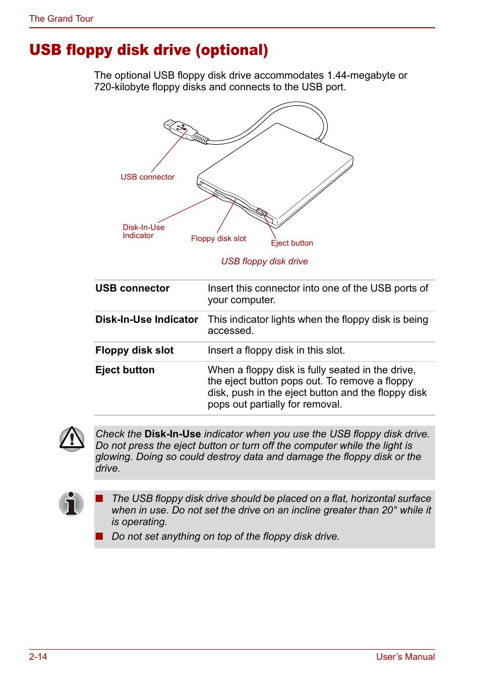 Usb floppy disk drive (optional), Usb floppy disk drive (optional) -14 | Toshiba Tecra S3 User Manual | Page 48 / 250
