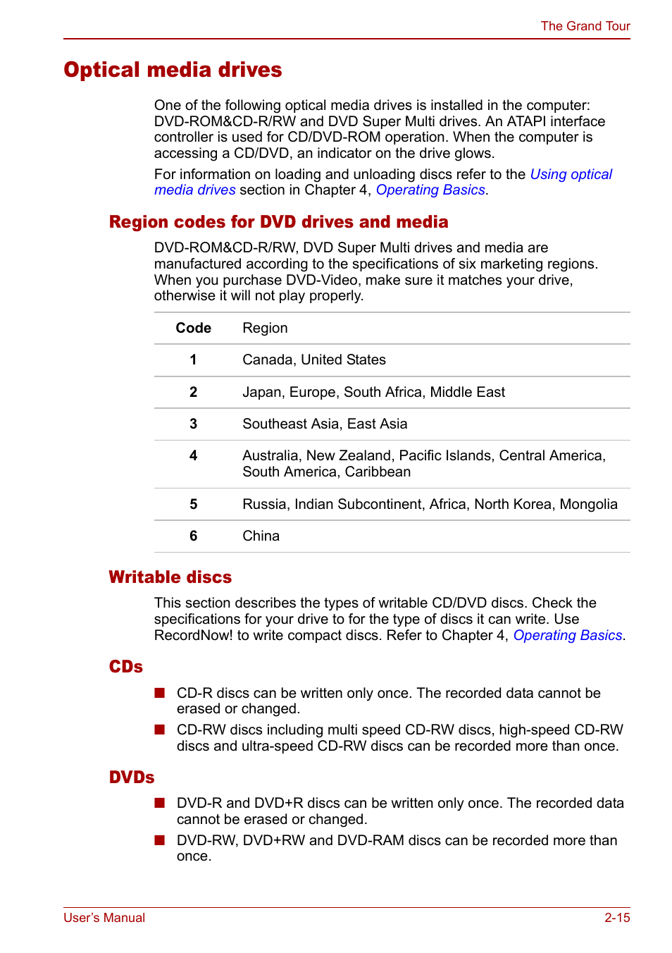 Optical media drives, Optical media drives -15, Region codes for dvd drives and media | Writable discs, Dvds | Toshiba Tecra S3 User Manual | Page 49 / 250