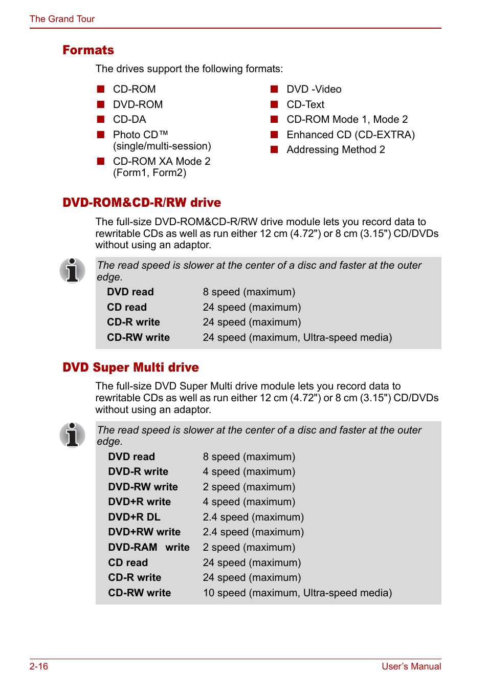 Formats, Dvd-rom&cd-r/rw drive, Dvd super multi drive | Toshiba Tecra S3 User Manual | Page 50 / 250