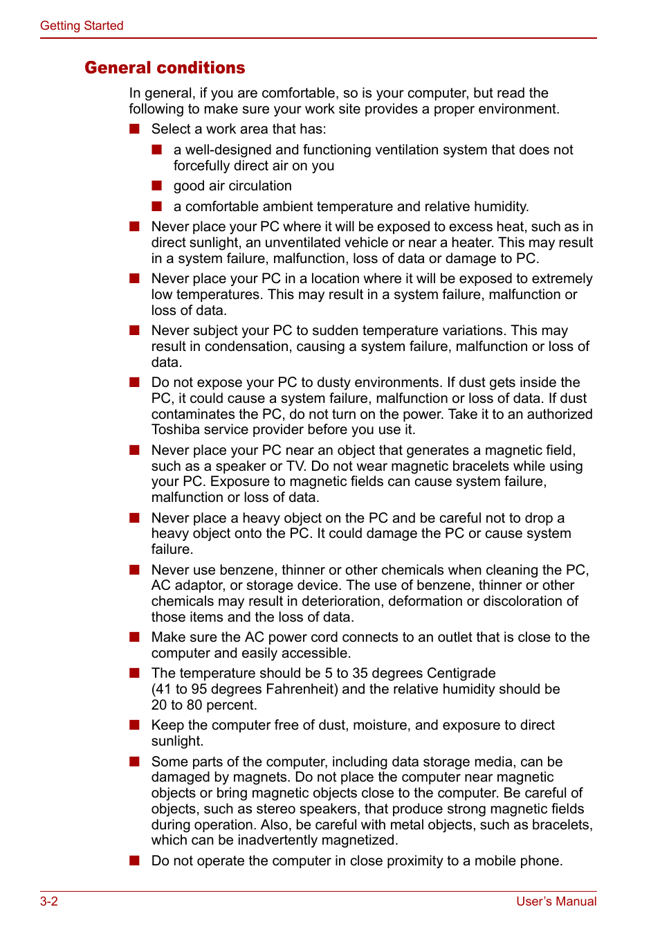 General conditions | Toshiba Tecra S3 User Manual | Page 54 / 250