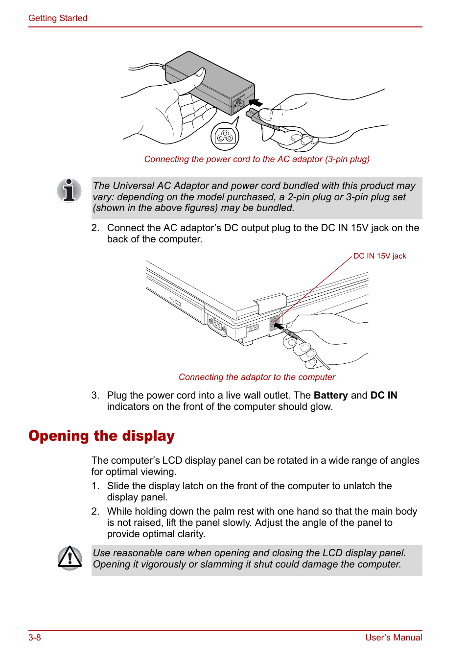 Opening the display, Opening the display -8 | Toshiba Tecra S3 User Manual | Page 60 / 250