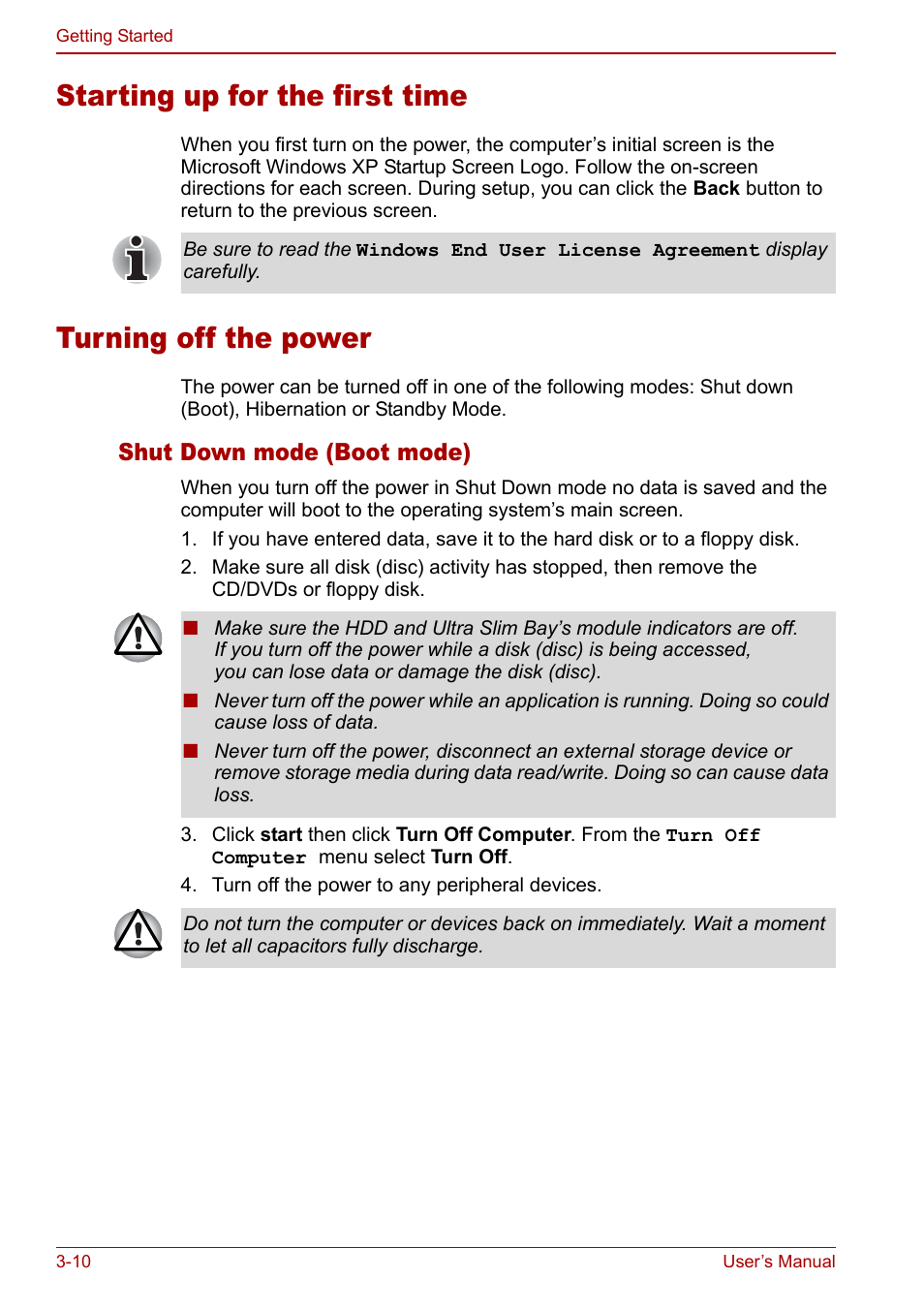 Starting up for the first time, Turning off the power, Refer to the section | Starting up for, The first time, Shut down mode (boot mode) | Toshiba Tecra S3 User Manual | Page 62 / 250