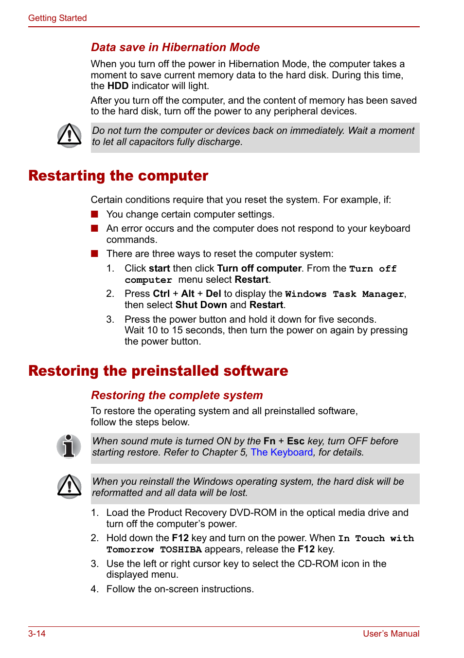 Restarting the computer, Restoring the preinstalled software, Restoring | The preinstalled software, Section in | Toshiba Tecra S3 User Manual | Page 66 / 250