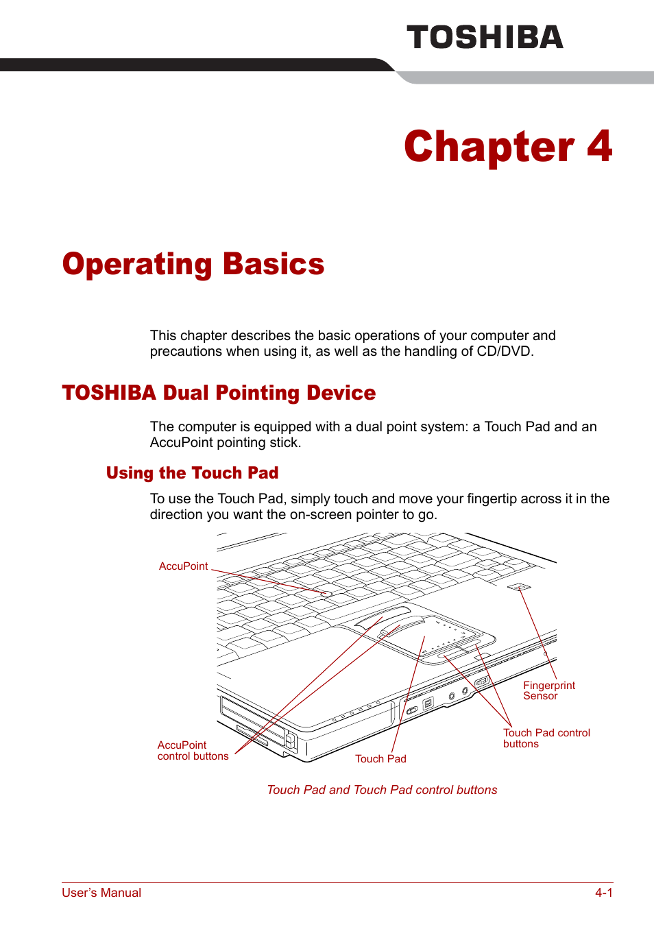 Chapter 4 - operating basics, Toshiba dual pointing device, Chapter 4 | Operating basics, Toshiba dual pointing device -1, Using the touch pad, Apter 4 | Toshiba Tecra S3 User Manual | Page 69 / 250