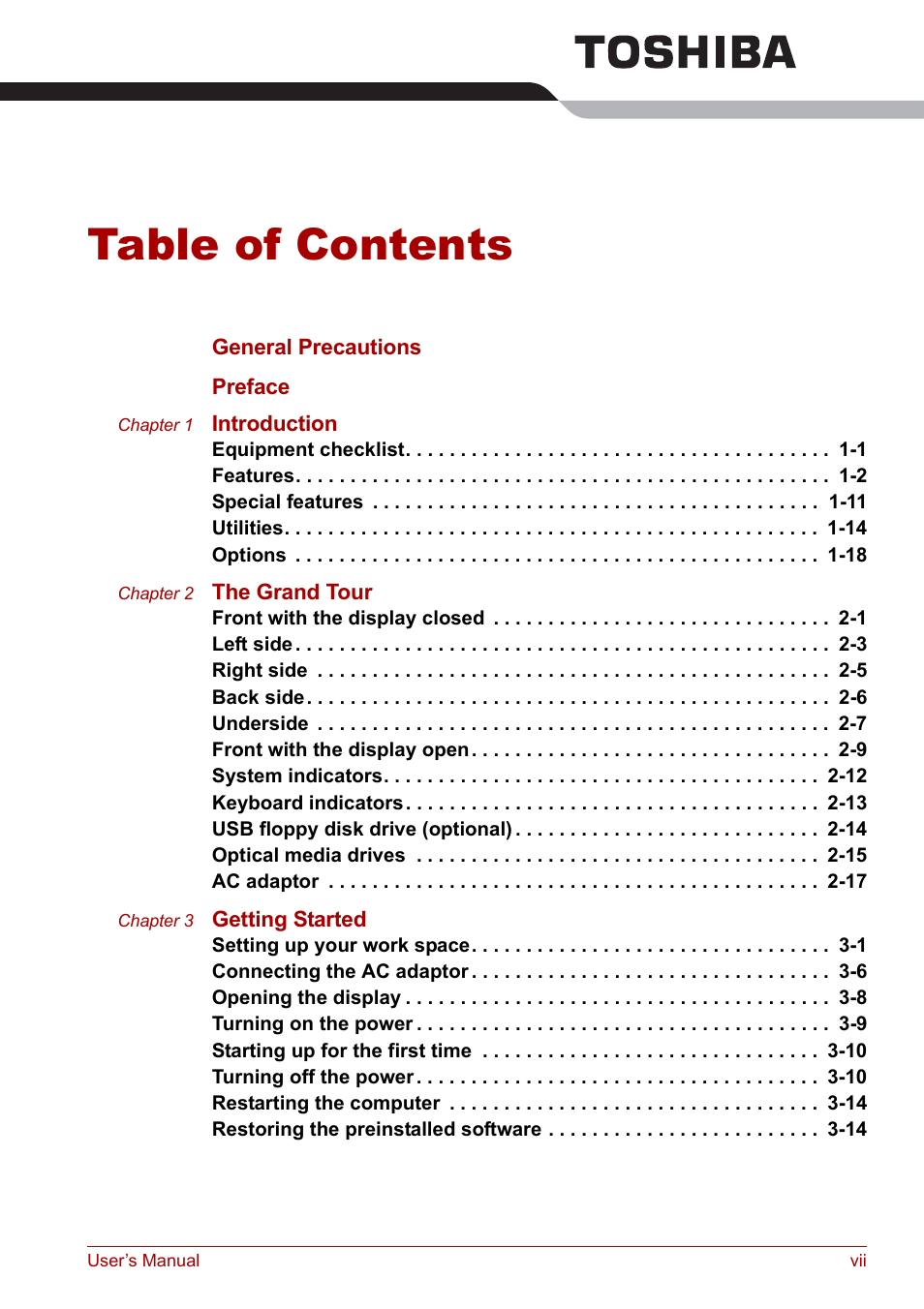 Toshiba Tecra S3 User Manual | Page 7 / 250
