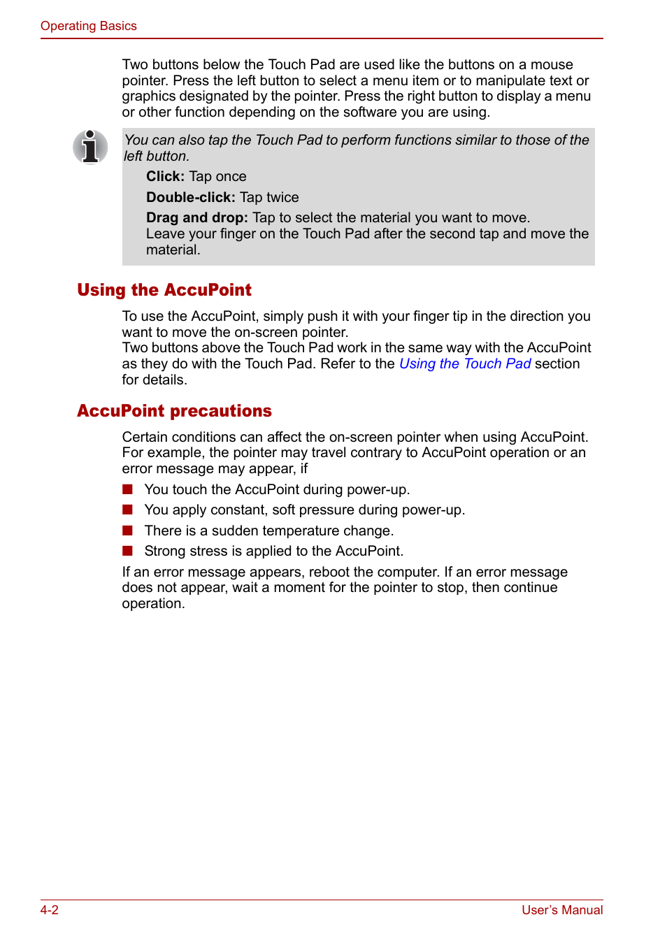 Using the accupoint, Secti, Accupoint precautions | Toshiba Tecra S3 User Manual | Page 70 / 250