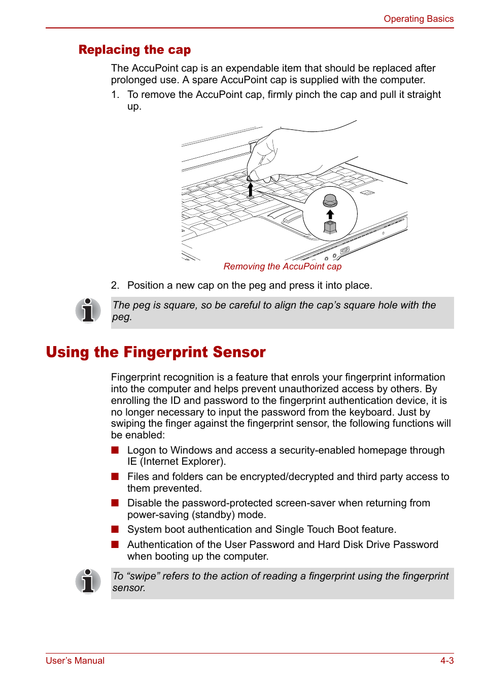 Using the fingerprint sensor, Using the fingerprint sensor -3, Replacing the cap | Toshiba Tecra S3 User Manual | Page 71 / 250
