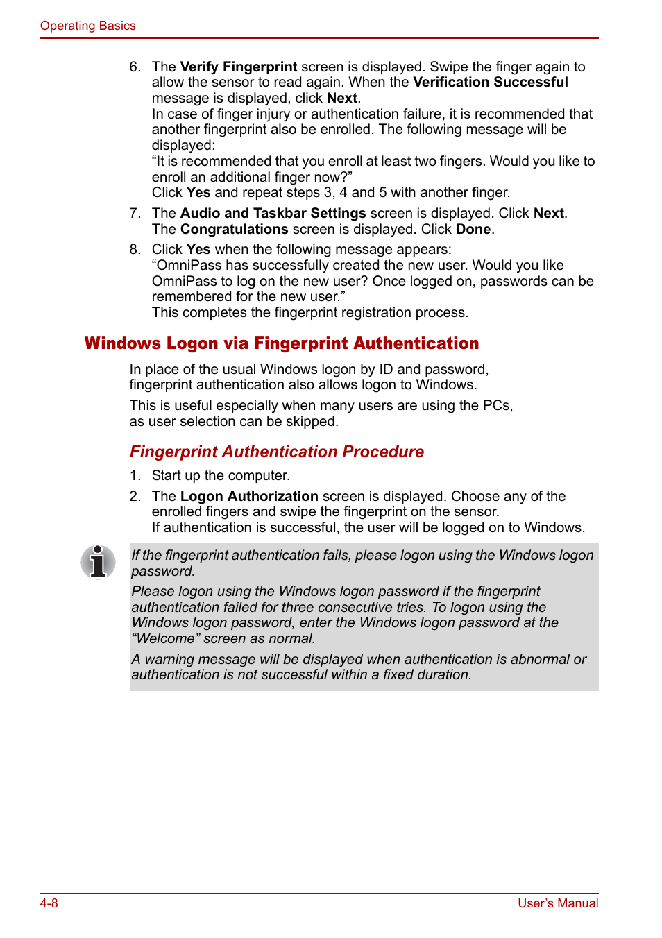 Windows logon via fingerprint authentication | Toshiba Tecra S3 User Manual | Page 76 / 250