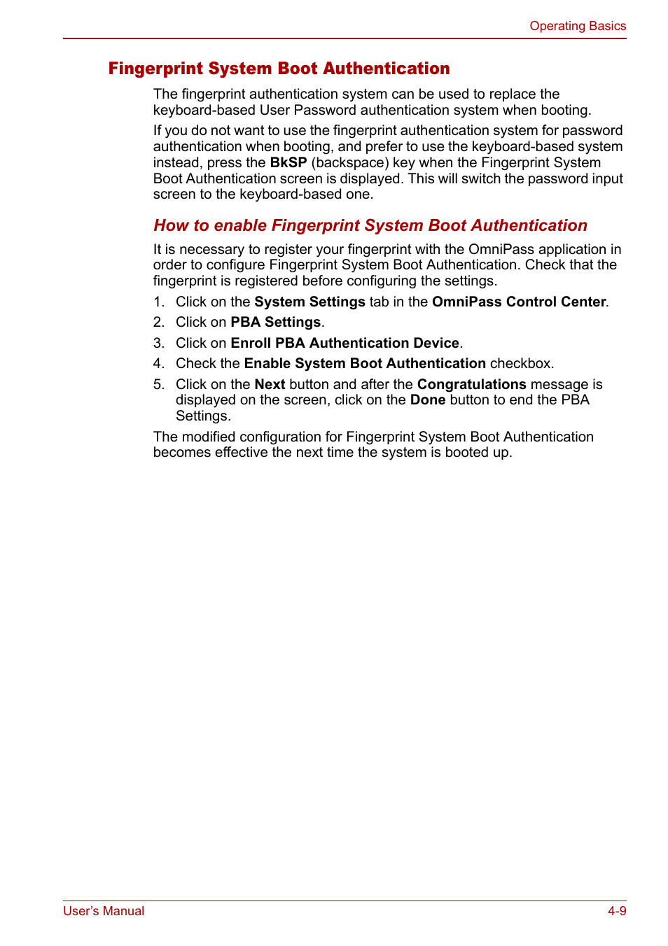 Fingerprint system boot authentication | Toshiba Tecra S3 User Manual | Page 77 / 250