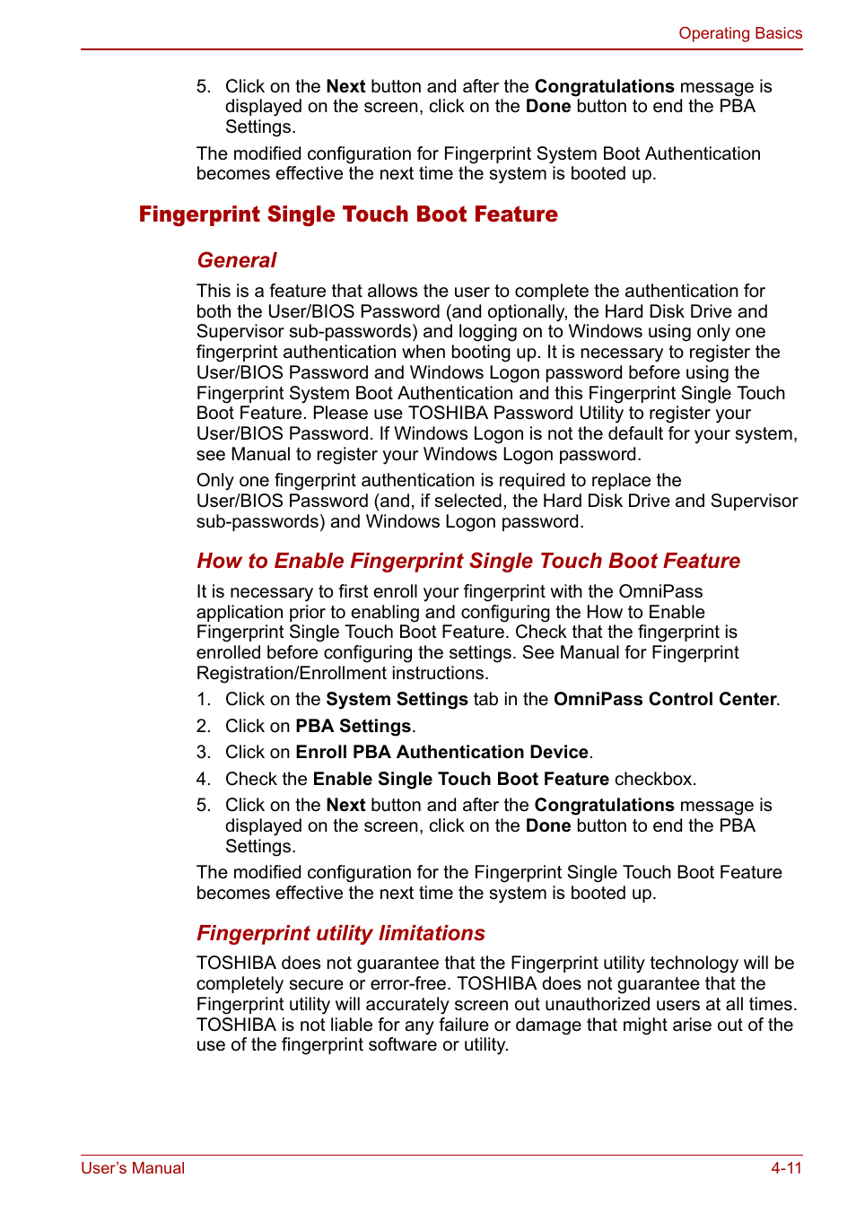 Fingerprint single touch boot feature | Toshiba Tecra S3 User Manual | Page 79 / 250
