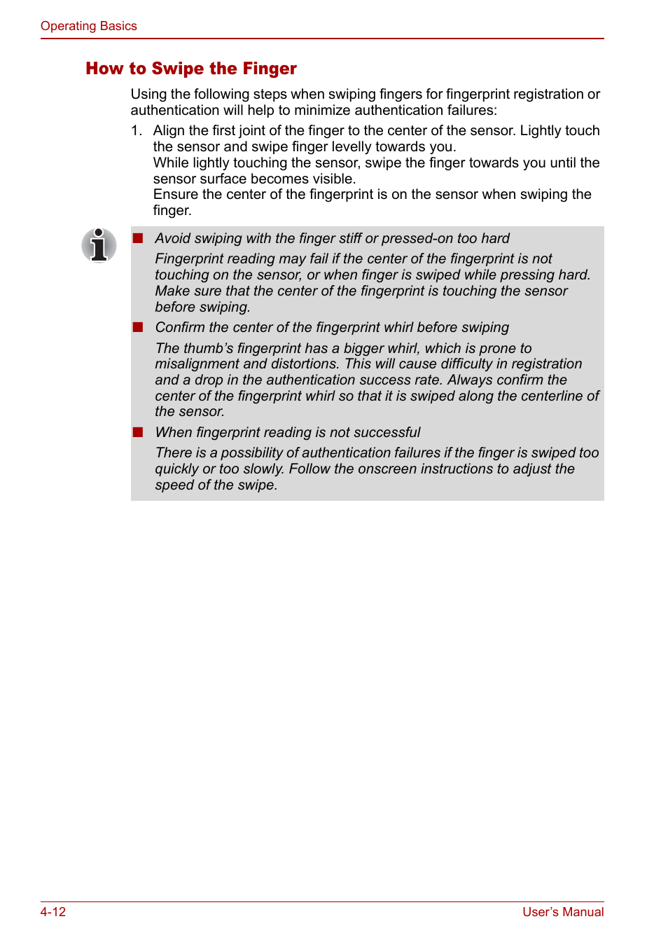 How to swipe the finger | Toshiba Tecra S3 User Manual | Page 80 / 250